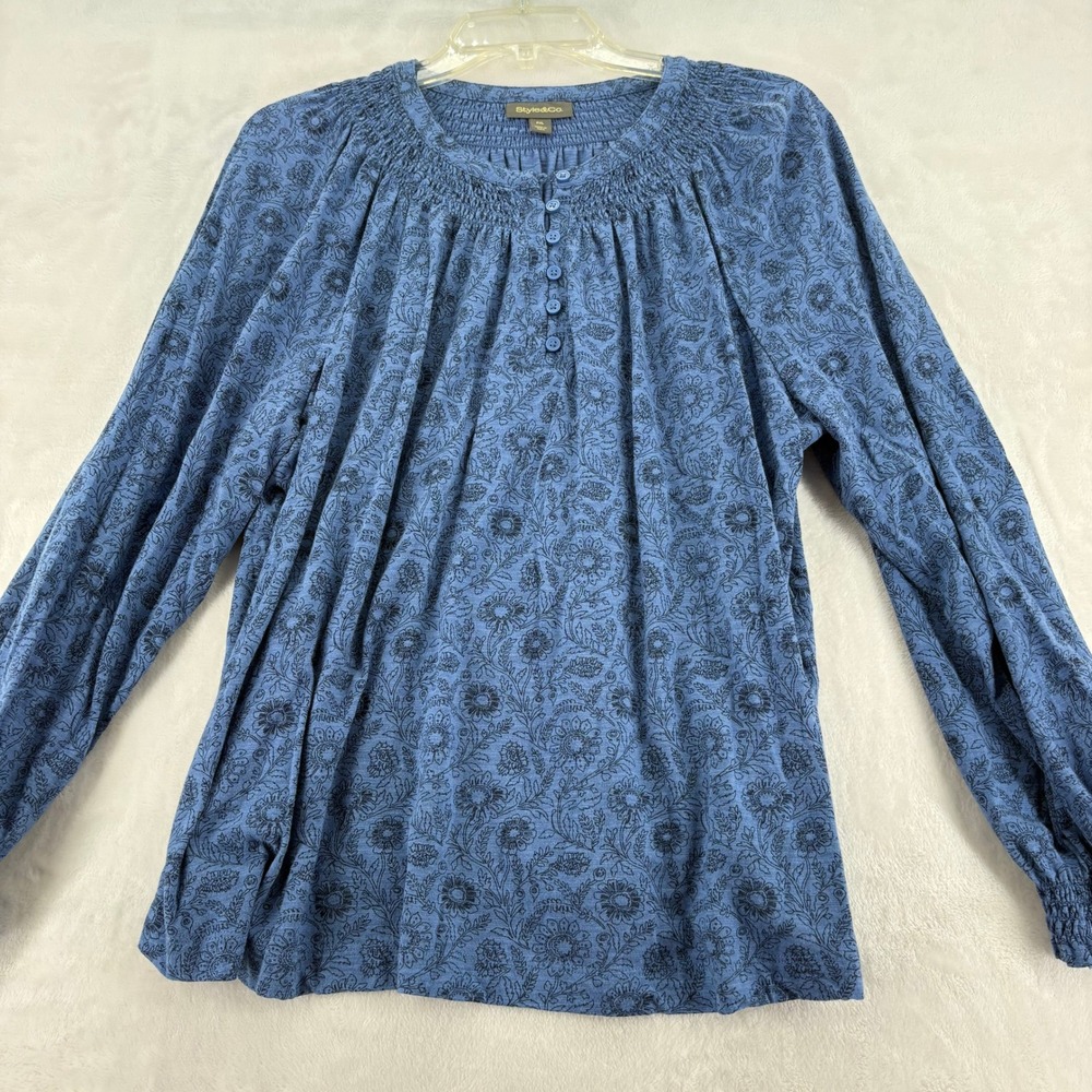 Style & Co Blouse Womens PXL Top Blue Floral Smocked Henley Long Sleeve